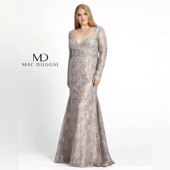 NWT Mac Duggal 49168 SZ 14W EMBELLISHED FLORAL LACE LONG SLEEVED GOWN NUDE - Picture 1 of 5